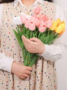 Plastic Vase And Tulip Artificial Flowers Set, Suitable For Home Decor, Living Room, Bedroom, Autumn Decor, Office Desk, Garden, Room Decor, Valentine's Day, Gift Gifts Birthday Graduation