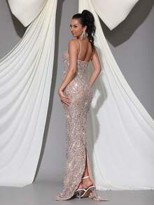 Modphy 奢华亮片水晶钻透视网眼无袖紧身连衣裙，性感细肩带伴娘婚礼派对晚礼服，婚礼宾客礼服，正式礼服 - 杏色 - 查看 6