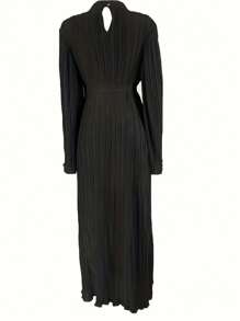 Women's Solid Color Pleated Abaya Dress, Modest Spring Black - Black - View 4