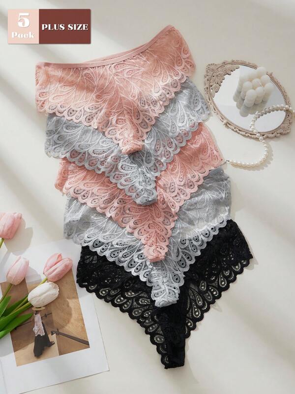 5 Pcs Plus Size Panties Bowknot Decor Sheer Lace Trim Thong Women's Comfort Breathable Fashion Underwear