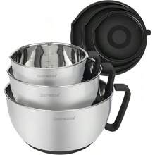 Stainless Steel Non-Slip Mixing Bowls With Pour Spout, Handle And Lid, Set Of 3, Black