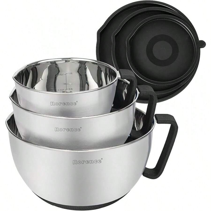 Stainless Steel Non-Slip Mixing Bowls With Pour Spout, Handle And Lid, Set Of 3, Black