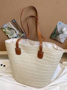 1 件大容量草编手提包，女士编织包，适合春季户外旅行，夏季时尚百搭单肩包，沙滩度假包，条纹编织手提包 - 米色 - 查看 8