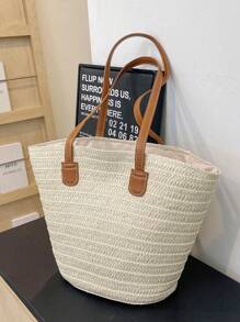 1 件大容量草编手提包，女士编织包，适合春季户外旅行，夏季时尚百搭单肩包，沙滩度假包，条纹编织手提包 - 米色 - 查看 10