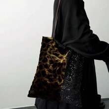 Chic Animal Print Leopard Silk Shoulder Bag Bling Tote Bag With Sparkling Sequins For Women, Perfect For Commuting Shopping School Fashion Skinny Pu Shoulder Strap Handbag - Coffee - View 4