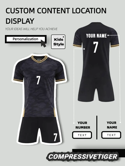 2pcs Boy's Personalized Soccer Jersey - Customizable Name And Number Print Stripe Decor Short Sleeve T-Shirt + Shorts Co-Ord Quick-Drying Sweat-Absorbing Sports Set As Gift, Multi-Functional, Quick Dry, Ornamental, Letter, Stylish, Tidy, Soft, Modern, Colorful, Cute, Adorable, Casual, Custom, Personalized, Unique, Customized, Baby Gifts, Ideal Gifts For Him, Ideal Gifts For Her, Son, Daughter