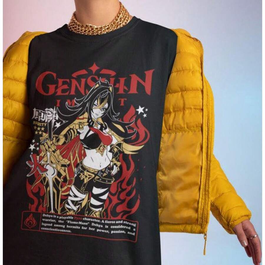 Dehya  Aesthetic Anime Vaporwave Uni Zwaar Katoenen T-Shirt - 黑色 - 查看 1