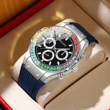 MSCXDK 4pcs/Set Top Brand Men's Quartz Watches, Conceptual Dial Design Silicone Strap Casual Military Sport Wristwatches With Jewelry Accessories Cross Necklace Bracelet Ring Set (No Box)