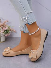 Plus Size Women's Fashionable Cute Mary Janes Flats, New Spring Casual Round Toe Metallic Flower Decor Slip On Comfortable Versatile Work/Driving Shoes