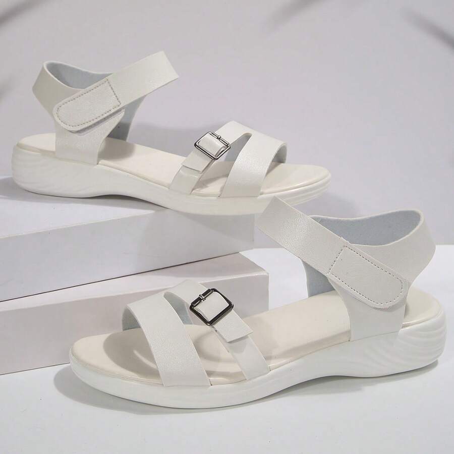 Simple Soft Bottom Roman Sandals, Fashion Students Flat Ladies Sandals, Plus Size Solid Color Buckle Daily Wear Hollow Asymmetrical Design Women Sandals - White - View 1