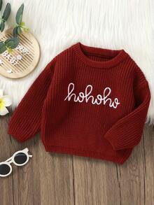 Suéter para bebé, manga larga, cuello redondo, letras, suéter de punto cálido de invierno, ropa infantil para niñas y niños - Rojo - Ver 4