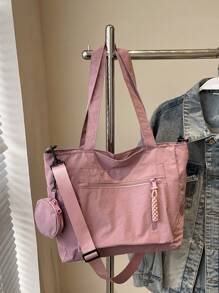 1个大容量帆布手提包，带零钱包，新款韩版学院风中学生背包休闲单肩包，帆布手提包，女士包带零钱包，适合购物、度假，时尚拉链手提包，大容量学生手提包，多隔层设计，适合海滩、学校、工作和日常使用，艺术风格背包，适合女性或学生，可装书本、购物袋、返校用品等。