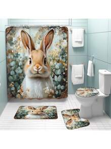 1 件/4 件圣帕特里克节兔子和桉树叶印花浴室窗帘套装，防水浴帘，带 12 个挂钩，浴室垫，U 型马桶盖，浴室装饰
