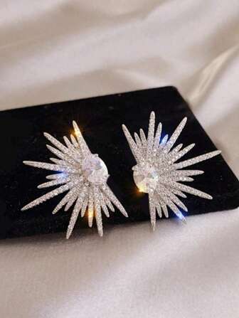1 Pair Exaggerated Crystal Starburst Design Earrings, Simple Fashion Casual Daily Wear