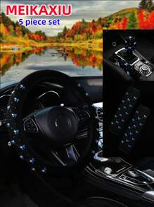 MEIKAXIU （多件套）闪亮蝴蝶结弹力布汽车方向盘套、肩套、扶手套、手刹换挡杆套、头枕套、杯垫，女士汽车内饰配件，女士汽车用品