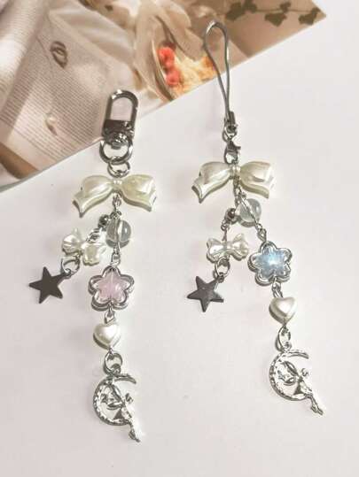 1 قطعة من سلسلة القمر فاوس اللؤلؤ فيونكة سلسلة هاتف نقال قصيرة ، تميمة هاتف محمول متوافقة مع حقيبة قلادة مفتاح سلسلة كاميرا CCD ، تصميمًا خاصًا للنساء