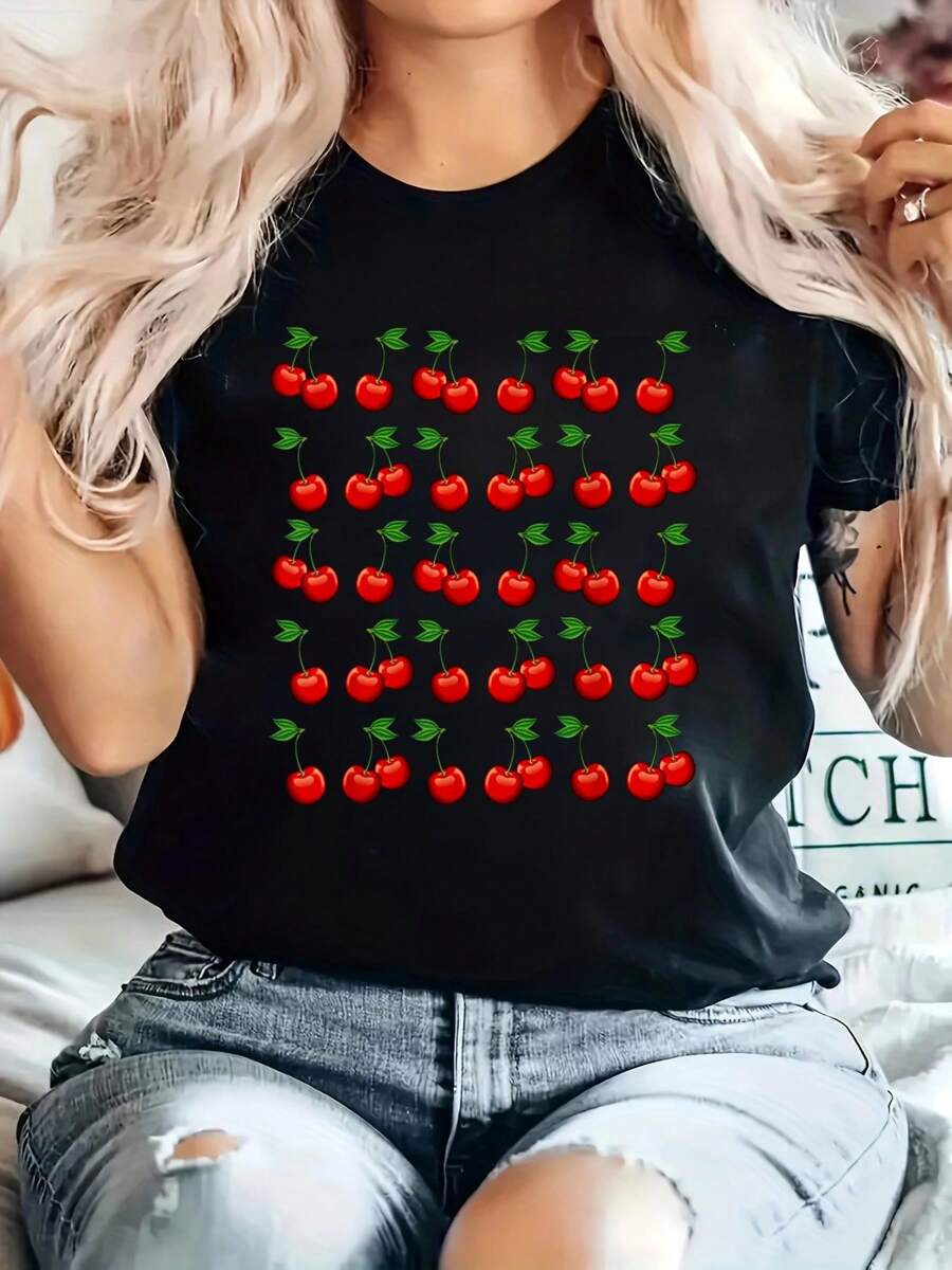 Great Cherries Apparel Cherry Lover T-Shirt Printed Cotton Women's T-Shirt, Women's Clothing, Short-Sleeved Round Neck Casual Tops For Spring And Summer
