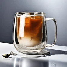 Taza de café de vidrio aislada de doble capa con asa, taza aislada de doble pared con tapa, disponible en tamaños de 250ml/350ml/450ml, adecuada para café, capuchino, latte, bebidas calientes y frías, ideal para el Día de la Madre, Pascua, Navidad, reuniones familiares, fiestas de cumpleaños