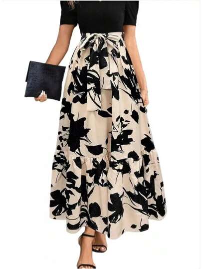 Vestido Estampado De Cintura Alta, Moderno Y Elegante.