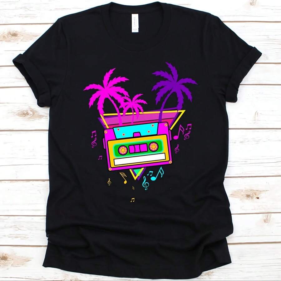 Vaporwave Sunset Cassette Tapes Shirt, Boombox Design, Cassette Player, Cassette Rrder, Walkman Lovers Gift, Radio Cassette, Music Player - Black - View 1