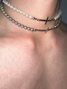 1 件不锈钢珍珠吊坠项链，男女通用派对/音乐节礼物 - 項鍊 - 查看 4