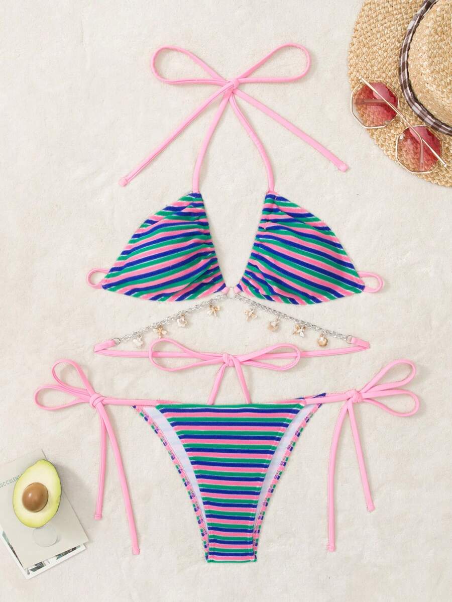 Summer New Style Street Casual Colorful Striped Plush Silver Metal Chain Small Shell Accessory Necklace Bikini Set - Multicolor - View 1