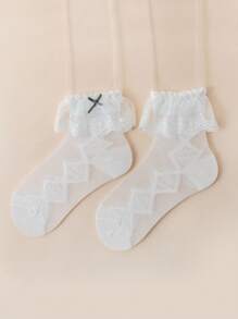 1 双儿童蕾丝边透明中筒袜 - 白色 - 查看 2