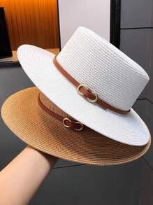 Sunscreen Hat, Summer Straw Hat Big Brim Woven Wide Brim Sun Hat British Flat Top Beach Cap, Fashion Personalized Versatile Solid Color Bohemian Polyester (Polyester) Wind And UV Protection Hat, Spring & Summer - Hat - View 5