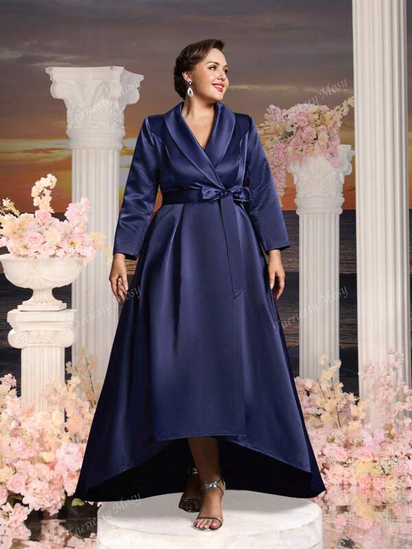 Faeriesty Mosy Plus Long Sleeves Shawl Collar Satin Mother Of The Bride Belted Dress&Formal Party Dress