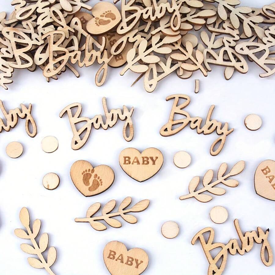 70pcs Rustic Wooden Shower Confetti Set - Engraved Table Scatters In Assorted Shapes & Sizes, Perfect For Gender Reveal & Celebration Decorations, Shower Decorations - Multicolor - View 1