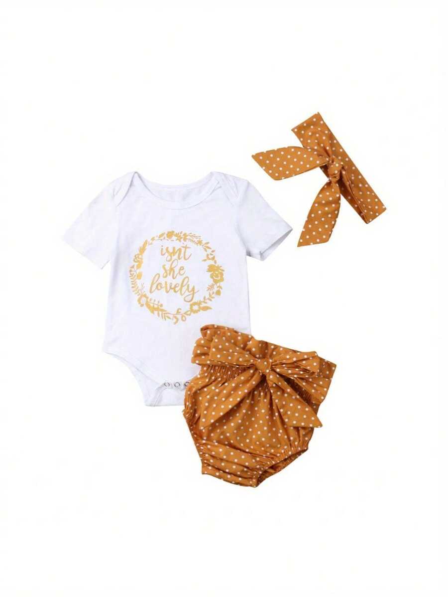3Pcs Baby Girl Outfit Set Casual Letter Print Romper+Shorts+Headband Suits Infant Summer Clothes