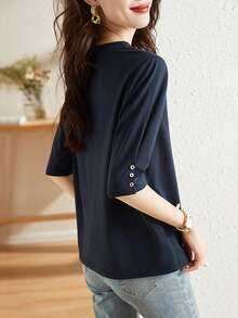 Button Design Casual Mid-Sleeve Top, New Fashion Versatile Round Neck 3/4 Sleeve T-Shirt For Women, Slimming - Navy Blue - View 5