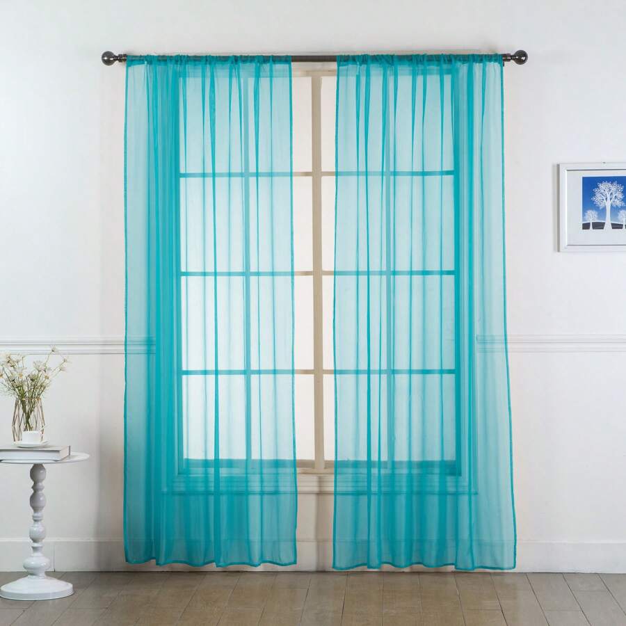Set Of Two (2) Sheer Window Curtains Panels With Rod Pocket Drape Set Multiple Lengths (63", 84", 95", 108", 120" L) Solid Colors - Turquoise - View 1