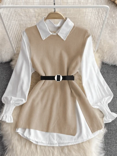 Liuhan Modasfeminina 2 peças/Conjunto Colete Com Manga De Lanterna Branca de Primavera e Colete De Malha De Ajuste Solto Com Frente Aberta Conjuntos De Roupas Em Camadas Para Mulheres 2025 Com Cinto