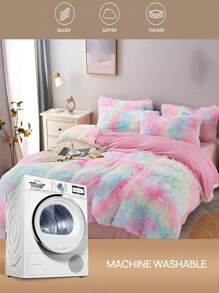 彩色人造貂毛床上用品套裝，包括被套、床單和枕套，共3件