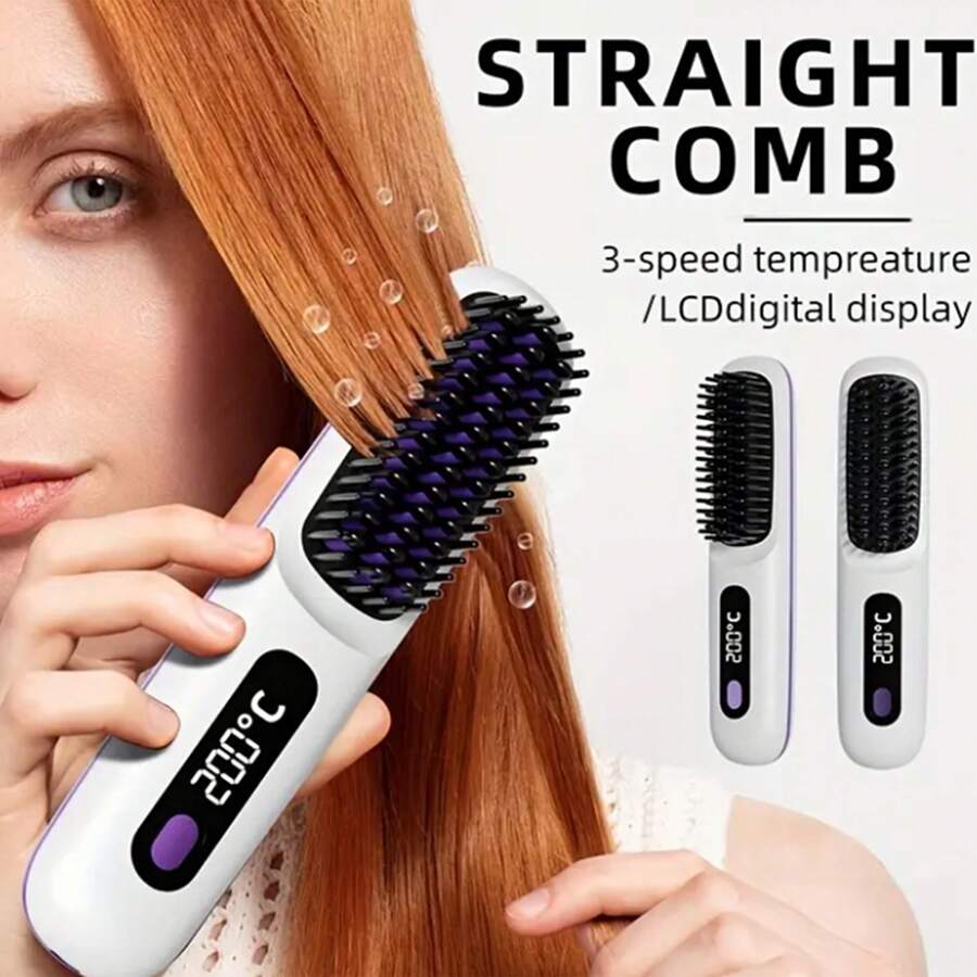 便携式无线直发梳，USB 充电，三种温度设置，防烫，非常适合居家办公旅行日常使用，是送给女士的礼物。