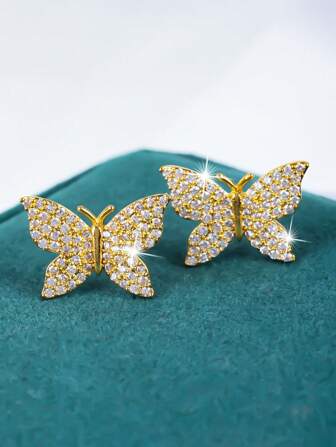 2 Pairs/4 Pcs Fashionable, Exquisite, Elegant And Cute Butterfly Cubic Zirconia Stud Earrings, Suitable For Women To Wear For Easter And Everyday