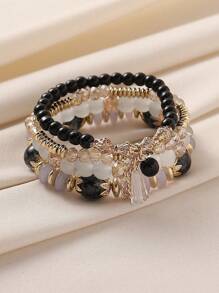 4pcs Crystal Glass Bohemian Style Beaded Bracelet Set - Black - View 4