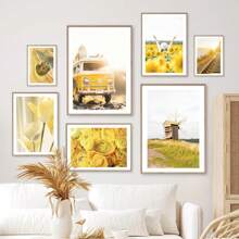 1 pieza de girasol de primavera, molino de viento de limón, casa de campo, flores amarillas, paisaje, carteles, arte de pared, pintura en lienzo para pasillo, decoración interior del hogar, sin marco