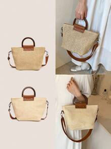 1 件时尚休闲通勤简约度假风格纯色草编轻便多功能通勤女士草编沙滩手提包适合户外度假旅游休闲购物与时尚服饰搭配