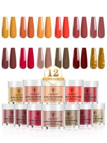 CHOSEOS 10 Colors Acrylic Powder And 2 Jars Nail Glitter Set, Pink Nude Reddish Brown Acrylic Nail Powder With Coarse Glitter For 3D Sculpting Valentine's Day Nail Art French Nail Extensions, Gift For Women