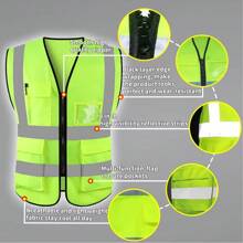 High Visibility Reflective Safety Vest With Pockets And Zipper Front, Neon Yellow, Meets ANSI/ISEA Standards