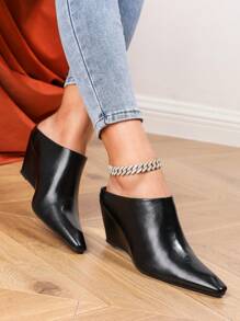 Women's Fashion Korean Style Square Toe Wedge Heel Slip-On Mules, Handmade Pleated Versatile Casual Loafers High Heels - Black - View 4