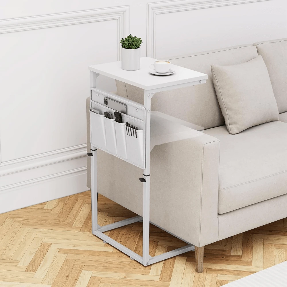 C Shaped End Table, 33'' Tall Side Table For Couch, Adjustable Height Small Couch Side Table For Small Spaces, End Table Slide Under Sofa Table TV Tray With Metal Frame For Living Room, Brown - trắng - Xem 1