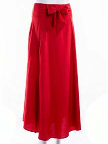 Women High Waist Pure Skirt Fashion Bow Flared Pleated Long Skirt With Two Pocket - Red - View 1