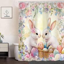 Spring Easter Bunny Shower Curtains For Bathroom, Cute Rabbits Eggs Floral Plant Watercolor Flower Bath Curtain Home Bathroom Bathtubs Decor Home Bathroom Decor Bathroom Accessories Back To School