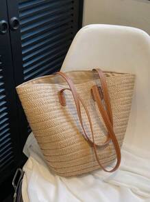 1pc Straw Tote Bag, Suitable For Vacation & Beach, Large Capacity Straw Tote Bag, Casual Woven Shoulder Bag, Shopping Bag, Mother Bag, Gift For Women - Khaki - View 6