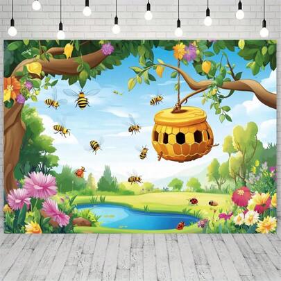 1pc Spring Busy Bee Background Banner, Polyester Material, Multi-Size, Suitable For Movers, Anniversaries And General Events, Indoor/Outdoor Decoration, Home, Garden, Yard Decoration