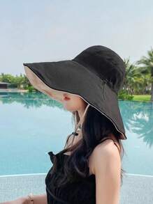 Sonnenhut für Damen mit breiter Krempe, wendbarer schwarzer Hut im koreanischen Stil, lässiger, eleganter Sonnenschutz-Fischerhut aus Polyester für die Mode, Frühling/Sommer