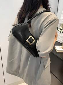 优雅新月形腋下单肩包，女士时尚休闲纯色腋下包 - 黑色 - 查看 3